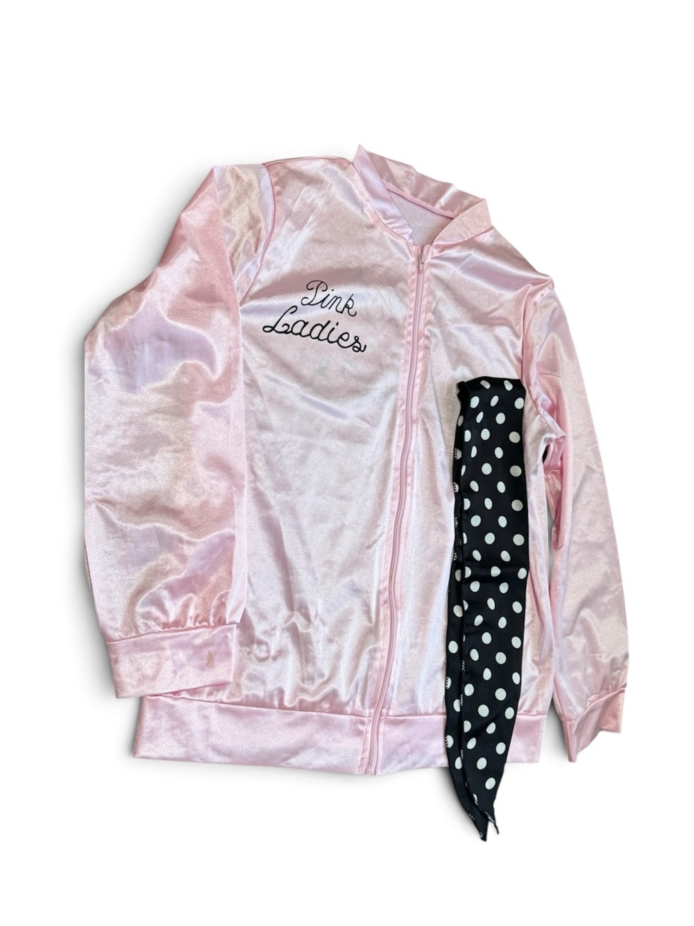 Pink Ladies Satin Bomber Jacket with Polka Dot Scarf